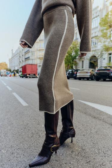 Zara CONTRAST PIPED KNIT MIDI SKIRT - Taupe gray