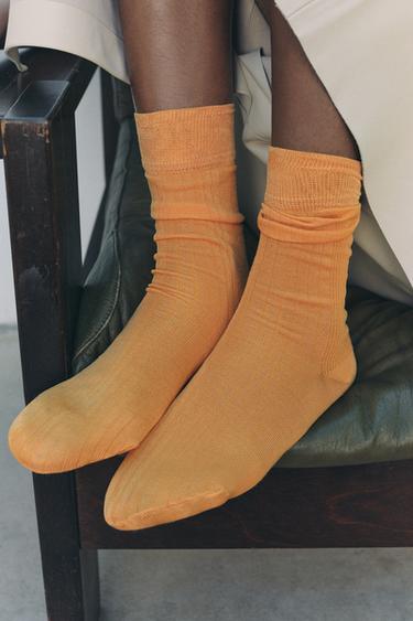 KNEE-HIGH PURL KNIT SOCKS - Orange by Zara - Image 1