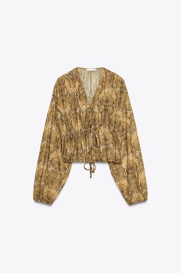 Zara PRINTED TIE TOP - Greens