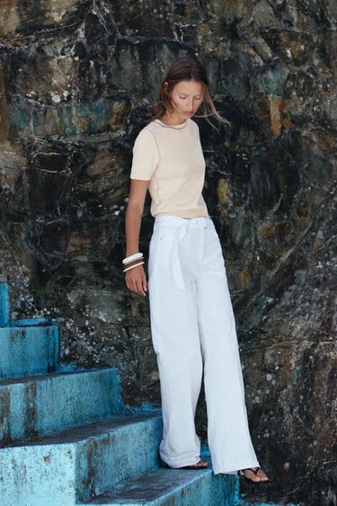 Zara Z1975 HIGH-WAISTED WIDE LEG JEANS WITH BELT - White