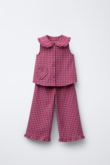 GINGHAM CHECK VOLANT BLOUSE AND TROUSERS TOTAL LOOK - Black by Zara