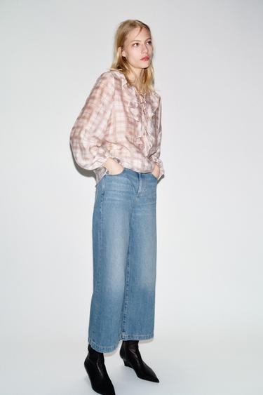 Zara Z.08 WIDE LEG CROPPED BELTED JEANS - Mid-blue