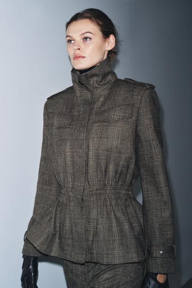 ZW COLLECTION CHECK PEPLUM WOOL BLEND JACKET - Brown marl by Zara
