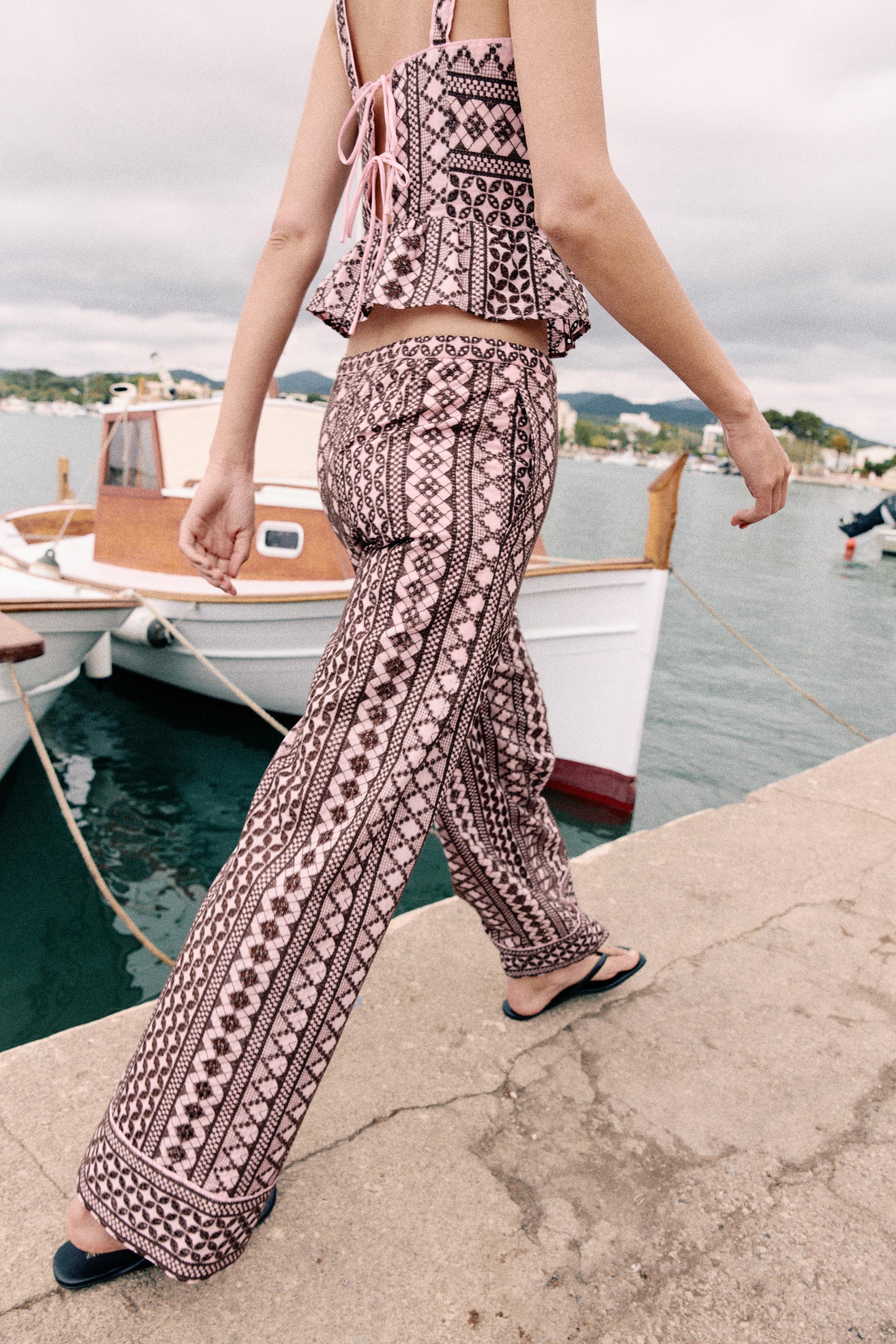 WIDE LEG PANTS WITH OPENWORK EMBROIDERY - Pink | ZARA United States