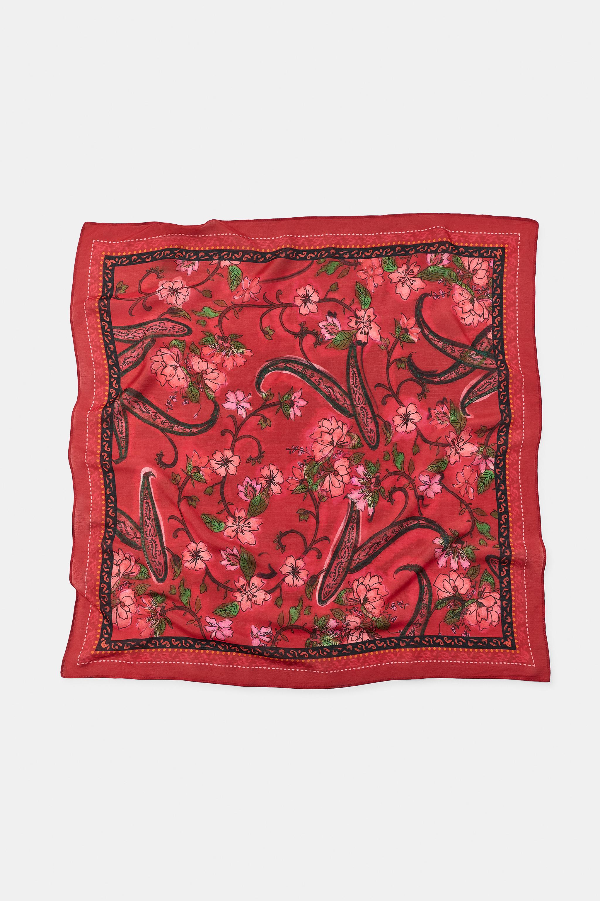 FLORAL PRINT SILK SCARF — Maroon