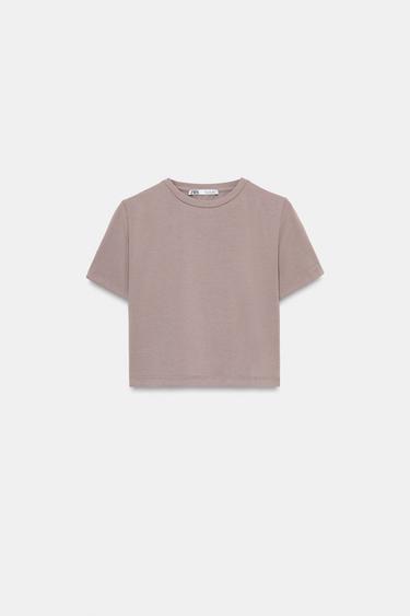 Zara SHORT SLEEVE CROP TOP - taupe brown
