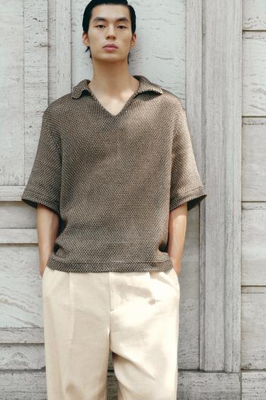 OPEN KNIT POLO SHIRT - Ecru / Brown by Zara