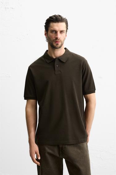 WASHED TEXTURED PIQUÉ POLO SHIRT - Brown by Zara