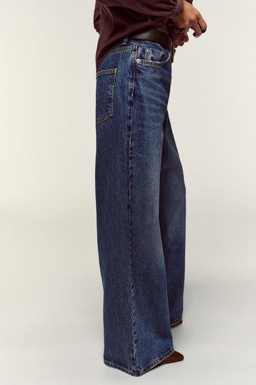 Zara Z1975 WIDE LEG LOW RISE BELT JEANS - Mid-blue