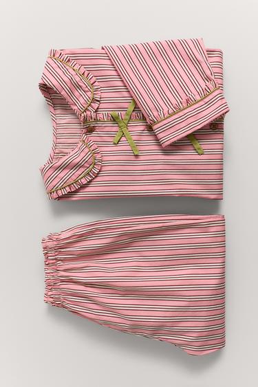 3-6 ANOS/ PIJAMA CAMISA COM LAÇOS E CALÇA LISTRADA - Rosa da Zara