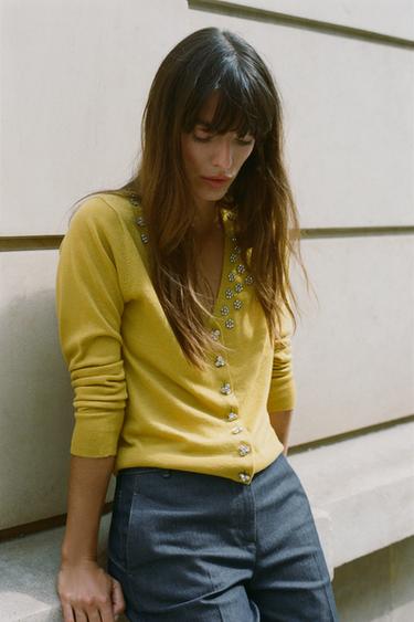BEADED RHINESTONE KNIT CARDIGAN - Olive green by Zara
