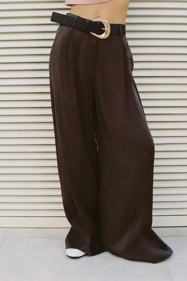 Zara SATIN WIDE-LEG TROUSERS WITH BELT - Brown