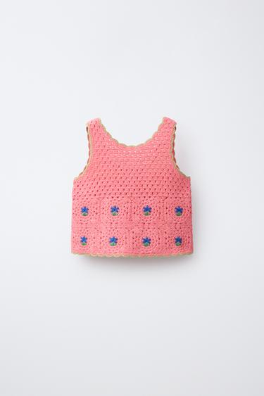 CROCHET EMBROIDERED KNIT TOP - Coral by Zara