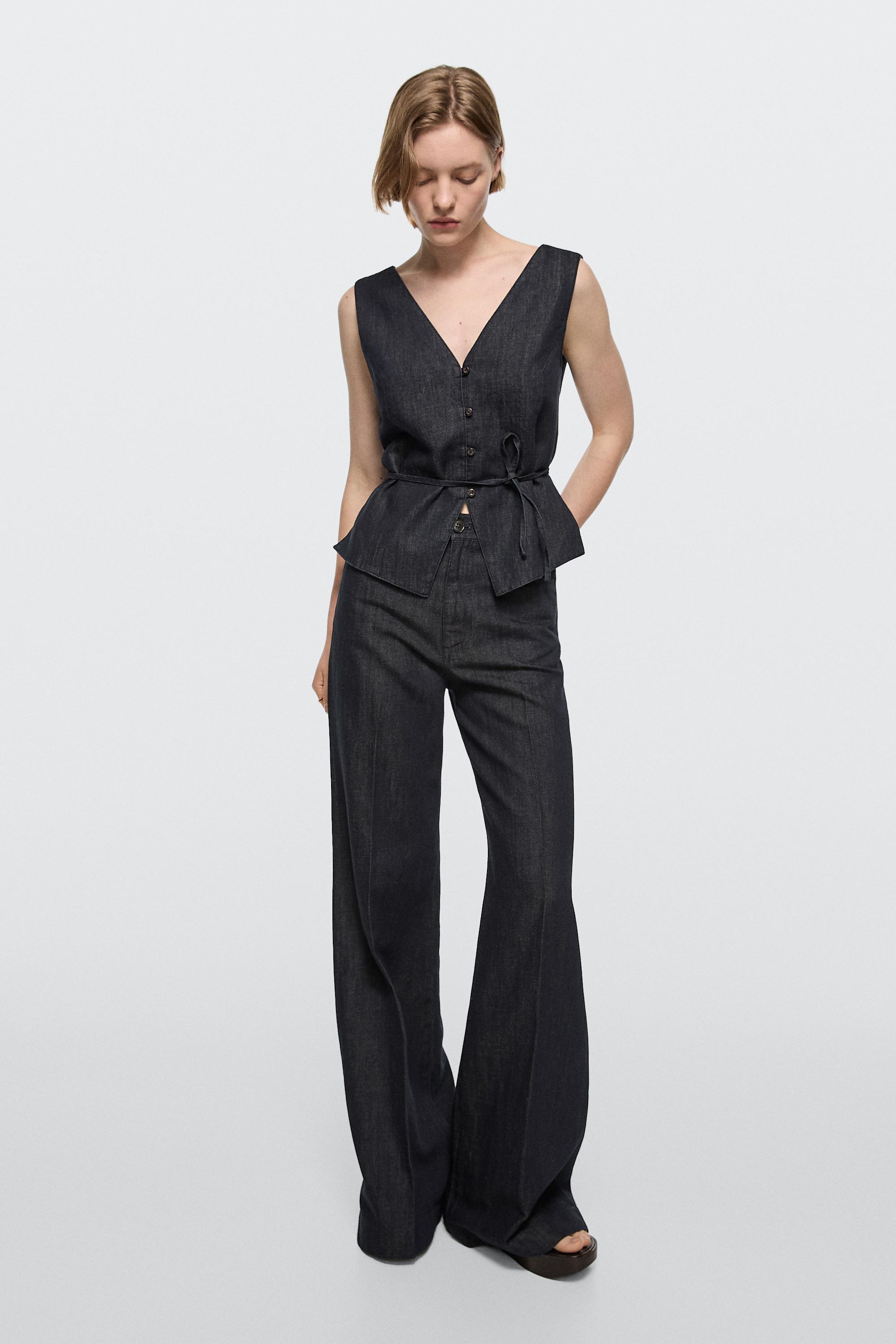 High-waist palazzo denim pants co-ord — Blue