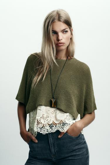 Zara COMBINATION KNIT SWEATER - Khaki