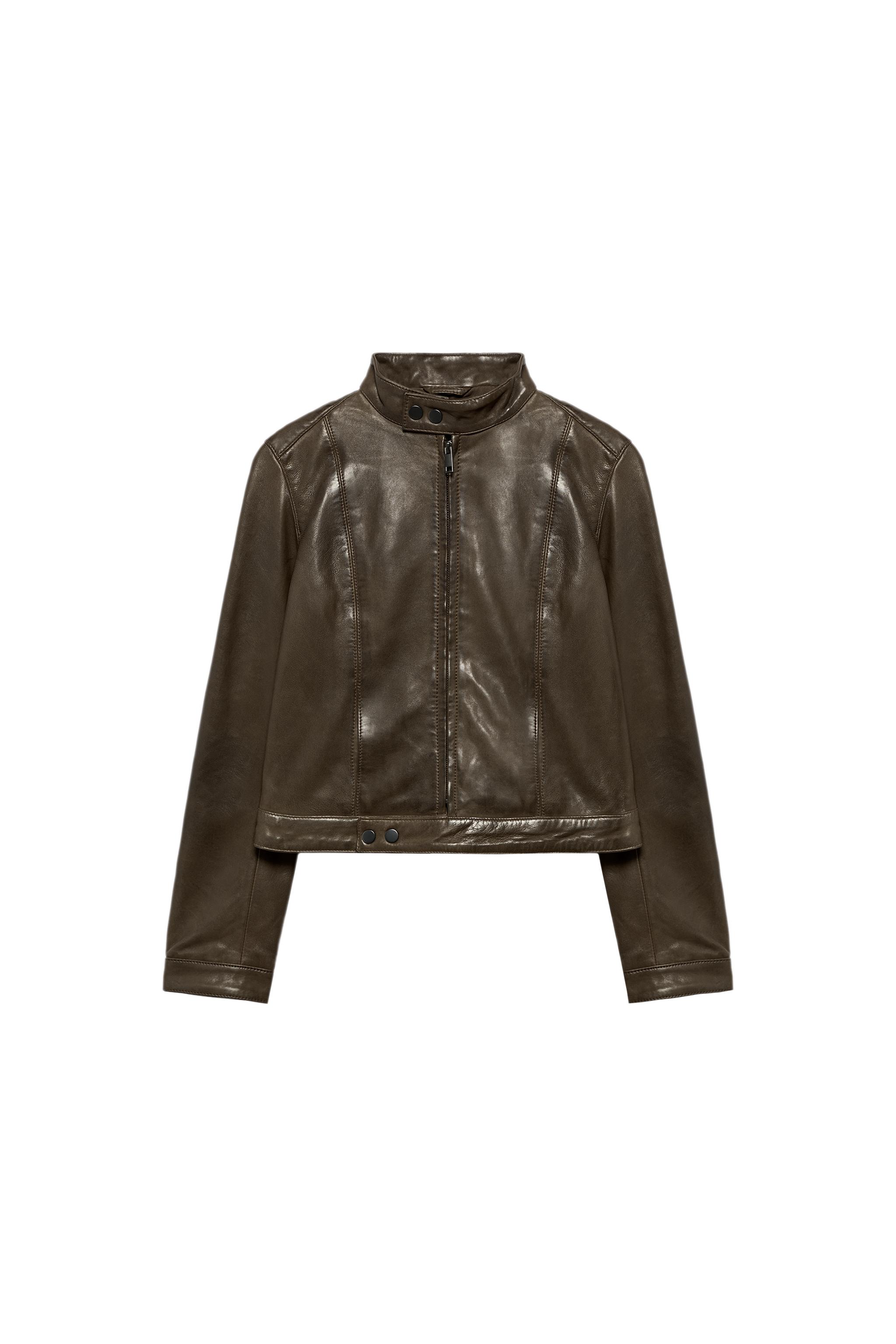 JAQUETA DE COURO 100% COM ZÍPER - Verde-cinza | ZARA Brasil