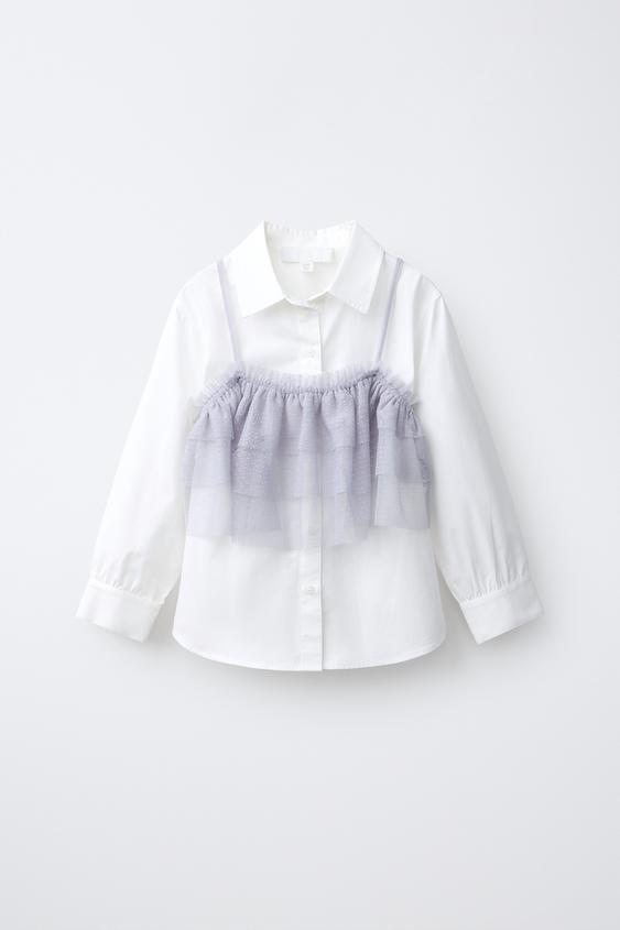 Zara 素色薄紗拼接襯衫 - 白色 - 圖片 0