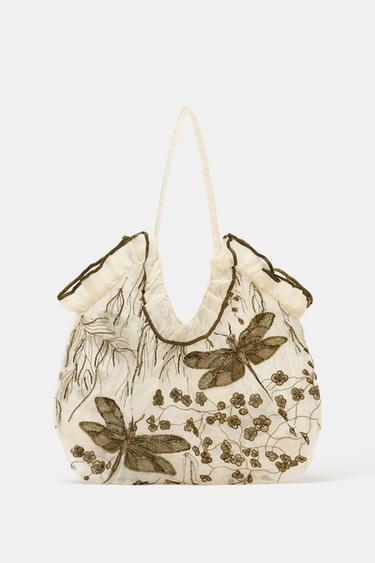 Zara 刺繡細節托特包 - 金黃色