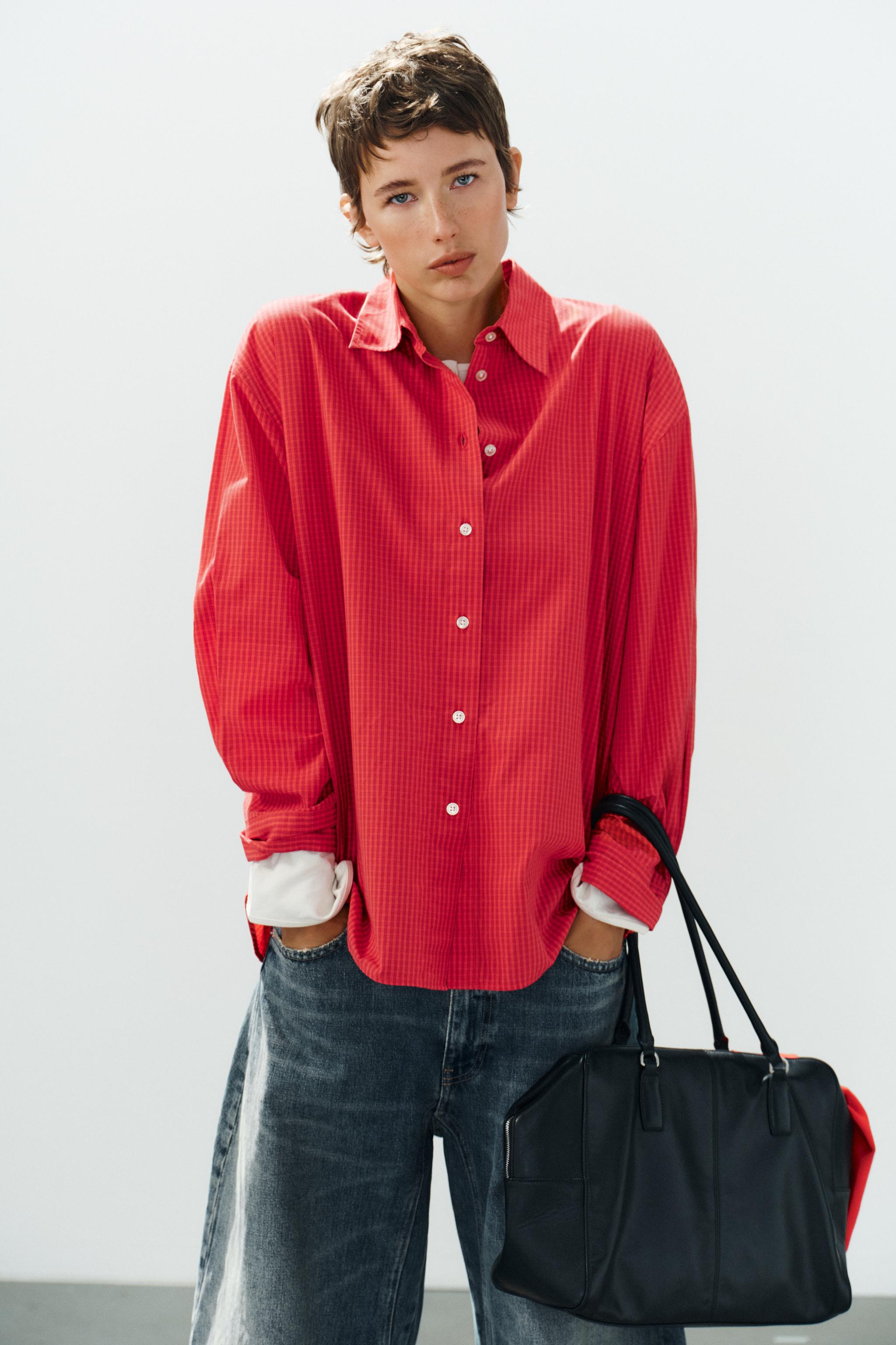 OVERSIZED PLAID POPLIN SHIRT — Red / Black
