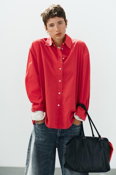 Zara OVERSIZED PLAID POPLIN SHIRT - Red / Black