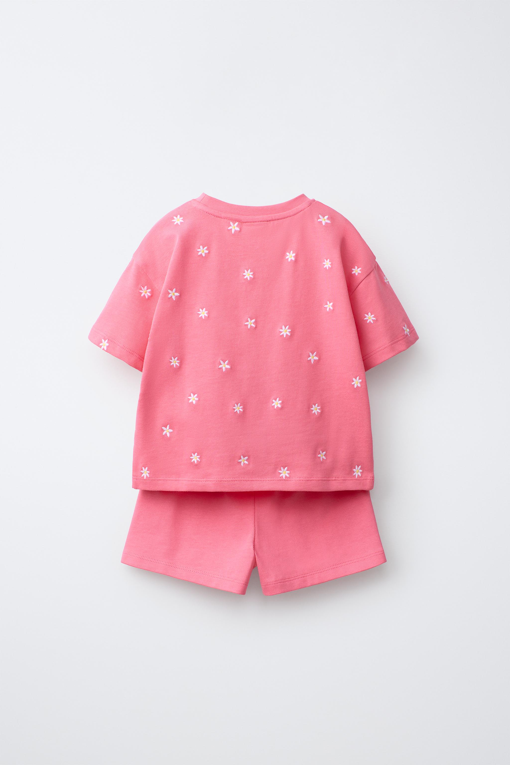 刺繍Tシャツ＆バミューダショートパンツセット - ピンク/ホワイト
