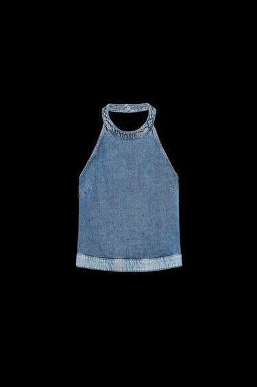 Zara Z1975 COMBINED DENIM HALTER TOP - Mid-blue