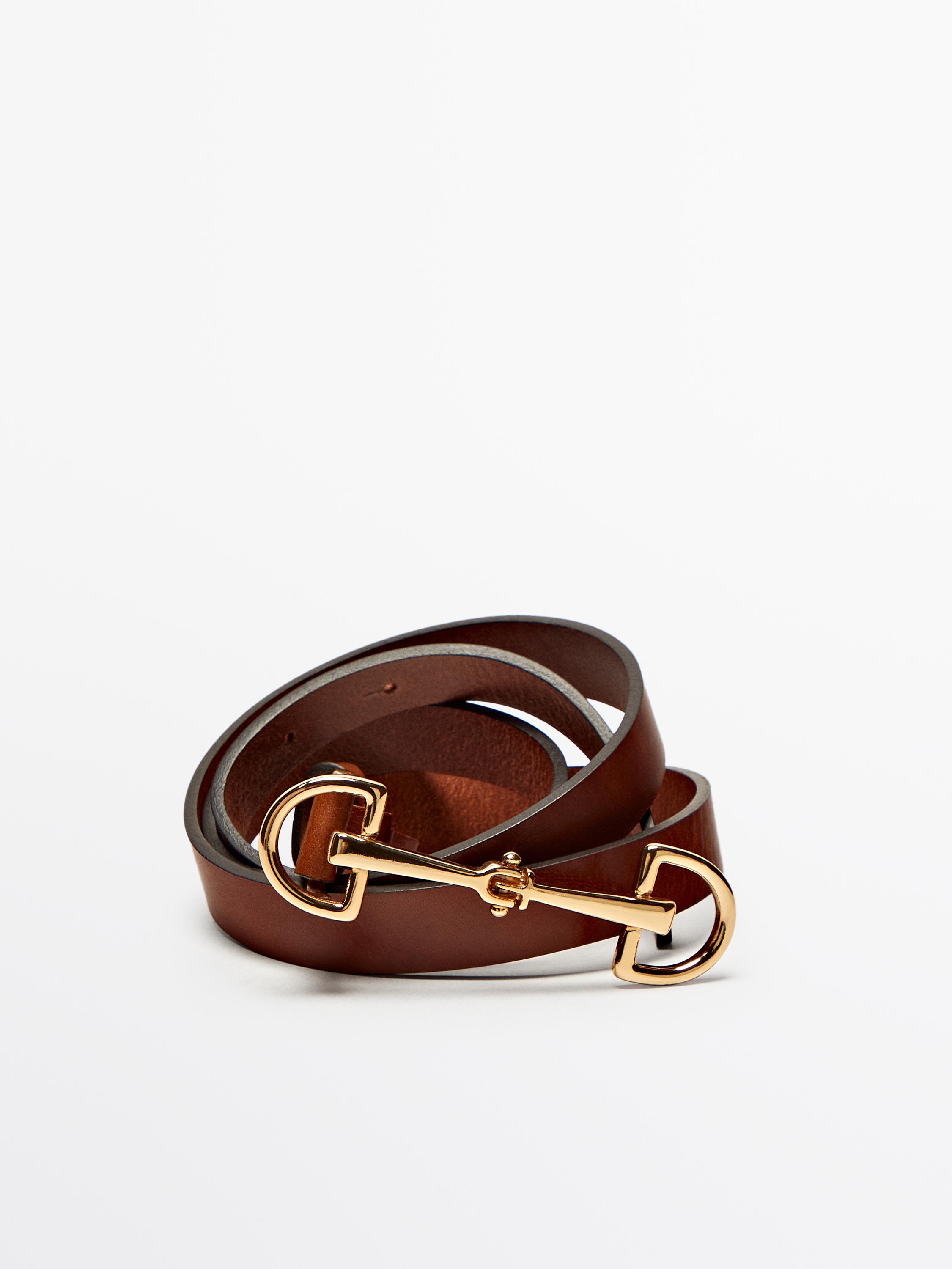 Split leather belt with double buckle · Sand · Accessories