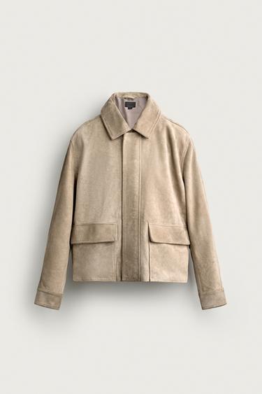 CAZADORA PIEL RELAXED FIT BOLSILLO - Gris topo de Zara
