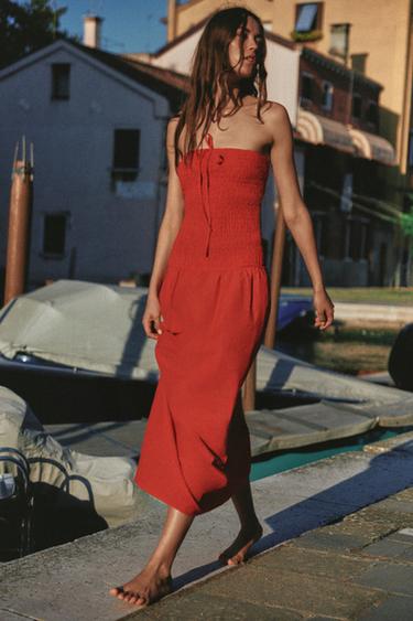 Zara SMOCKED MIDI DRESS - RED