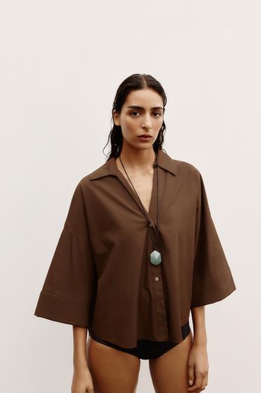 WIDE-SLEEVE POPLIN SHIRT - Brown by Zara