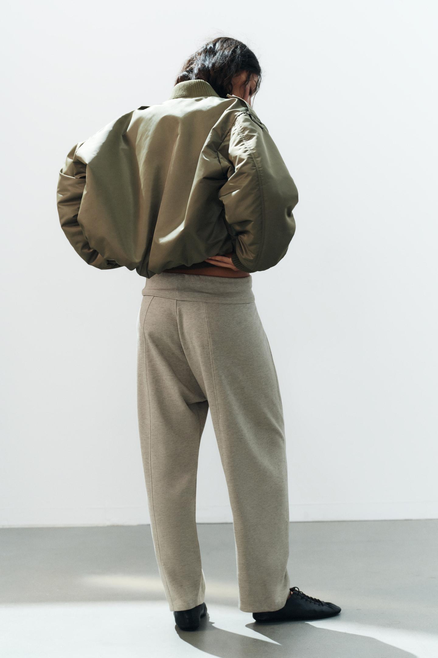 Женские брюки Zara Turn-Up Waist Drawstring, цвет: Серый зелёный — фото 5