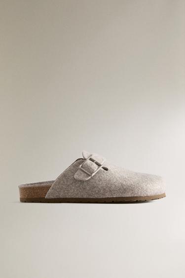 BUCKLED FELT MULE CLOG SLIPPERS - Brown by Zara