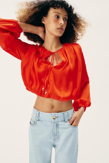 SATIN BALLOON BLOUSE - Red / Coral by Zara