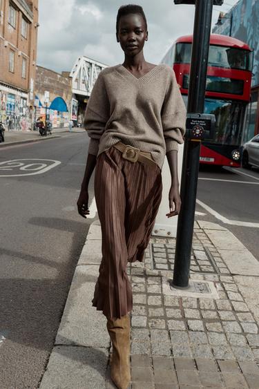 BELTED FAUX SUEDE EFFECT PLEATED MIDI SKIRT - Brown by Zara