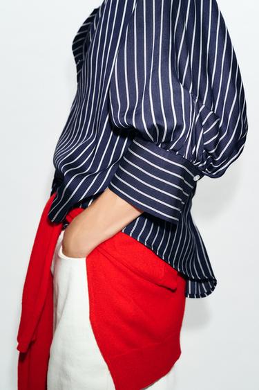 STRIPED PUFF SLEEVE SHIRT - Navy / White by Zara - Image 4