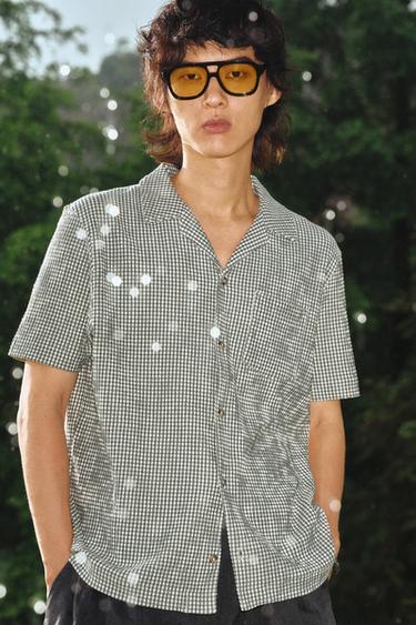 REGULAR FIT SEERSUCKER SHIRT - Ecru / Green by Zara