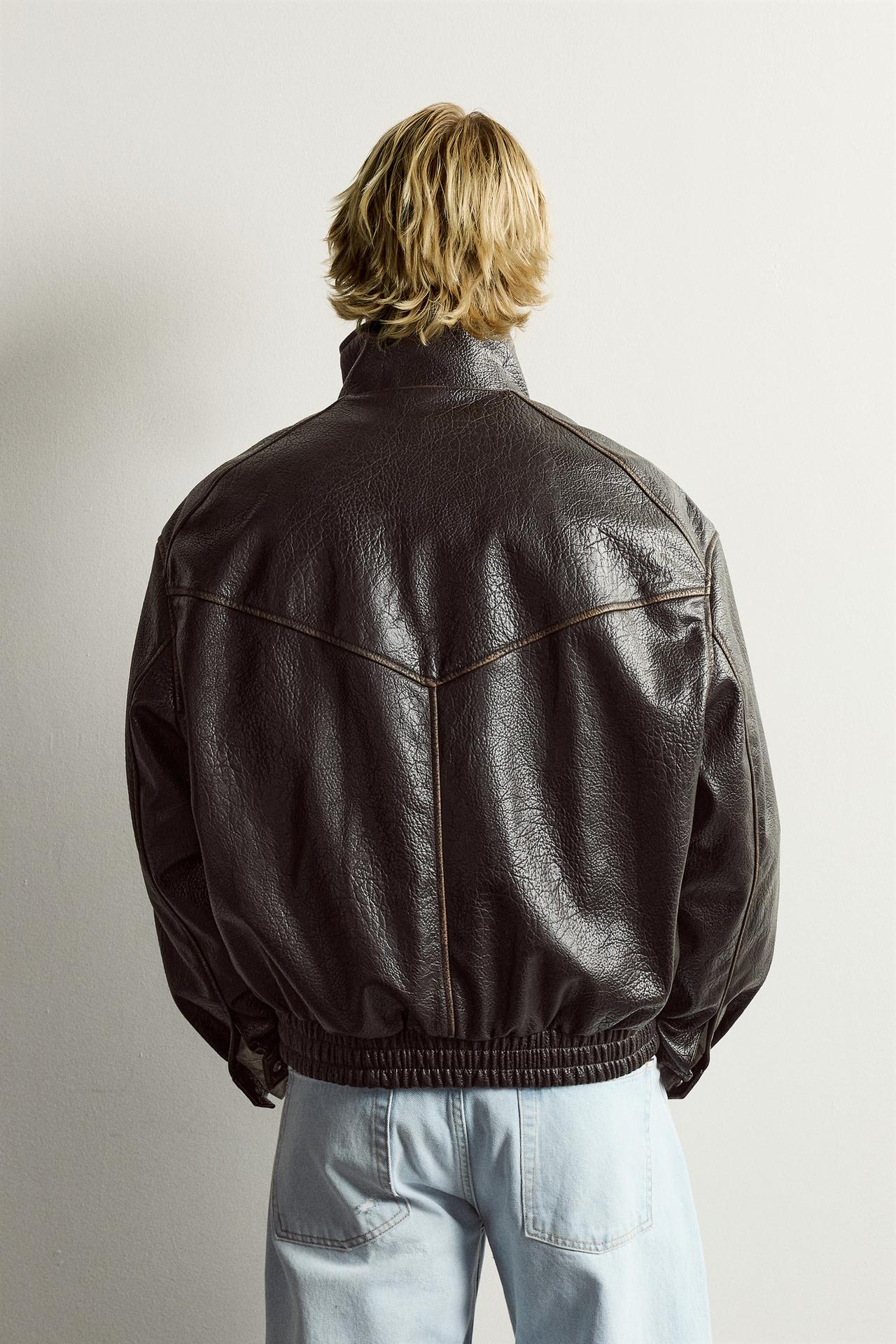 RELAXED-FIT FAUX LEATHER JACKET — Dark brown
