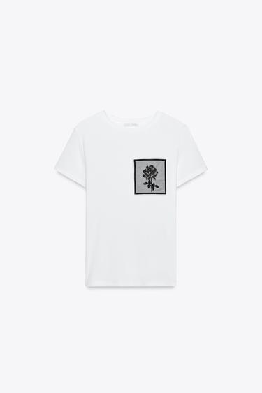 T-SHIRT WITH FLOWER POCKET - White by Zara - Image 4