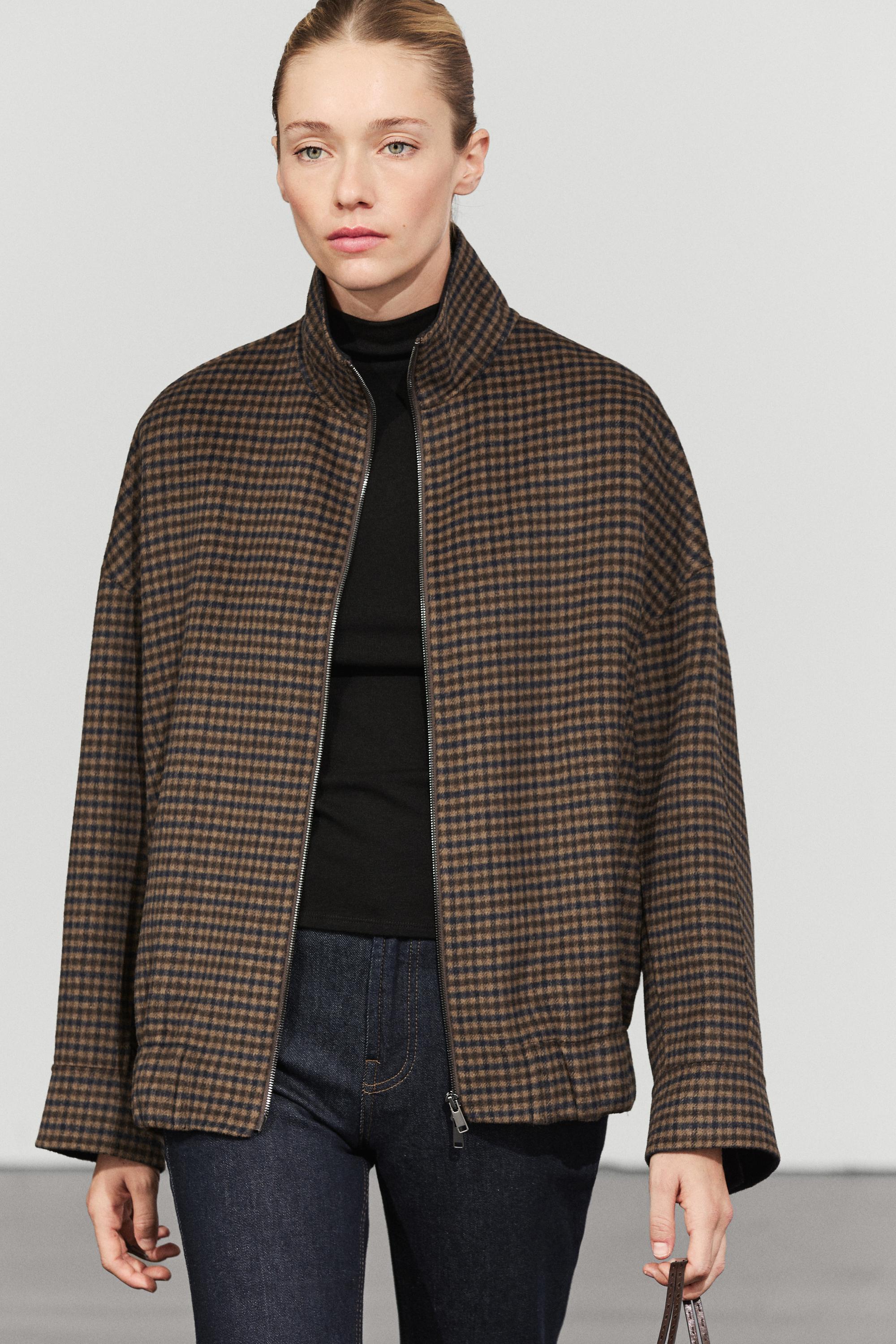 Gingham bomber jacket with scarf — Brown