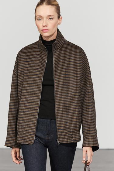 Gingham bomber jacket with removable scarf — Brown 2