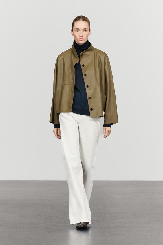 Zara Stand collar nappa leather cropped jacket - Khaki - Image 0