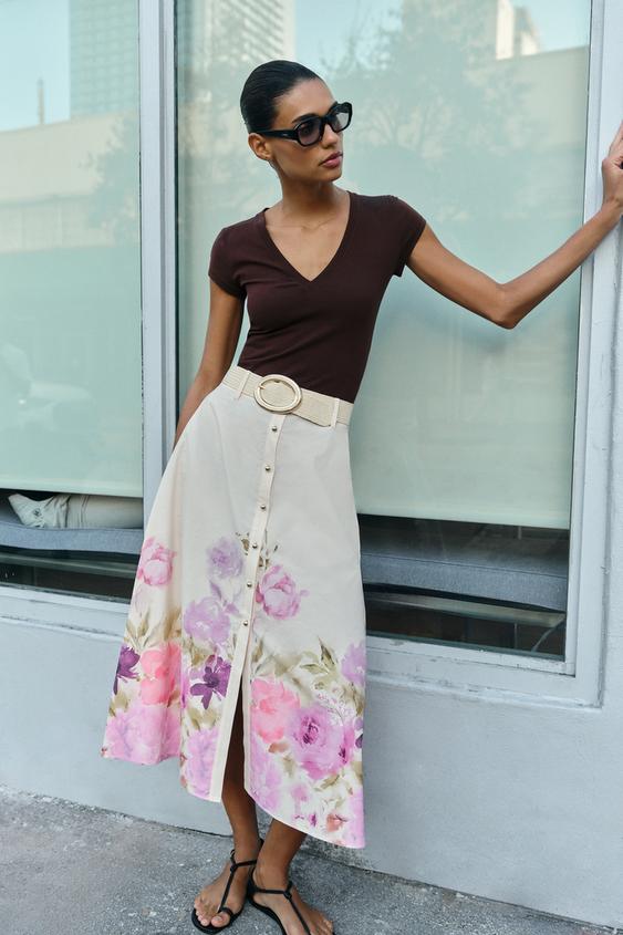 FLORAL PRINT BELTED MIDI SKIRT