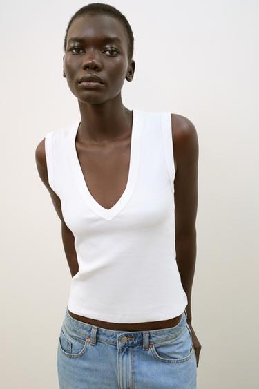 CAMISETA ALGODÓN ESCOTE PICO - Branco de Zara