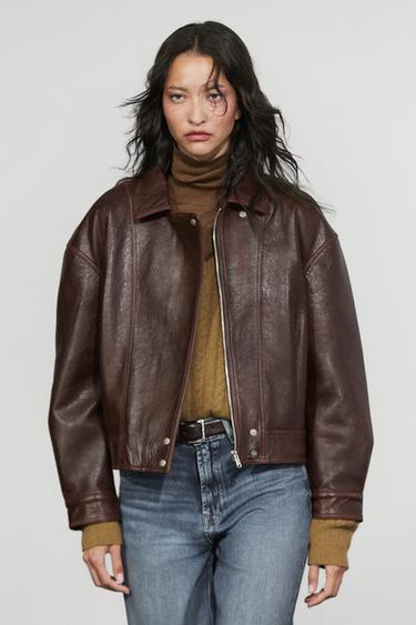 Pleated-detail Nappa leather jacket — Brown 2