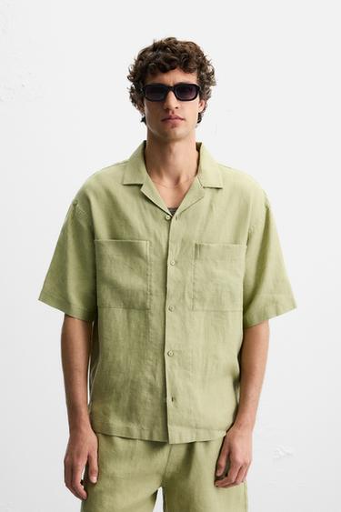100% LINEN SHIRT - Green by Zara