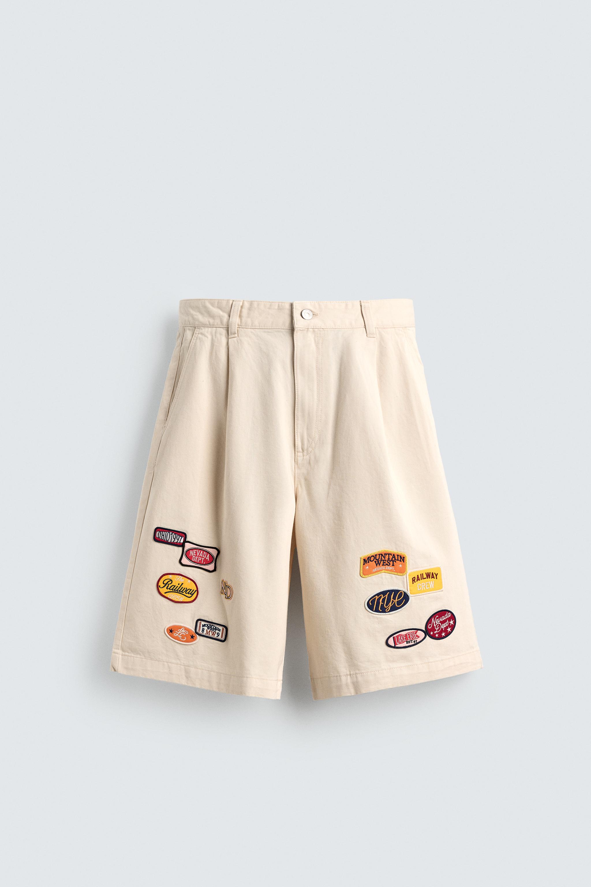 パッチ付きバギーフィットバミューダパンツ - ベージュ | ZARA Japan