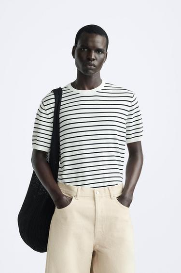 FLOWING KNIT T-SHIRT - Ecru / Blue by Zara