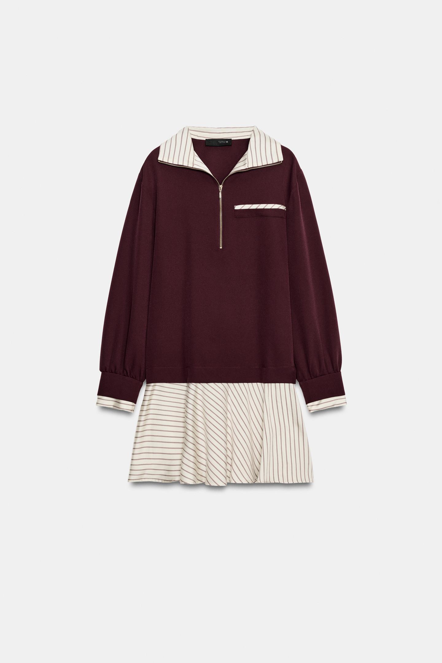 Женское платье Zara Mixed-Fabric Zip-Front Mini, цвет: Тёмно-бордовый — фото 8