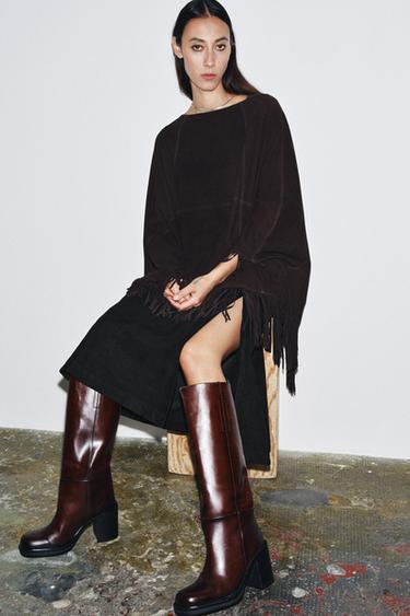 Zara WIDE HEEL LEATHER ANKLE BOOTS - Burgundy Red - Image 0
