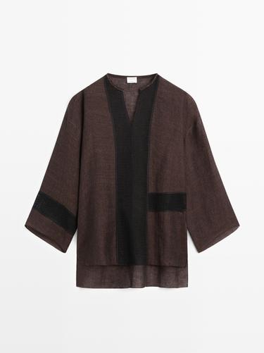 Zara Flowing oversize linen blend blouse with lace trim - Brown marl - Image 0